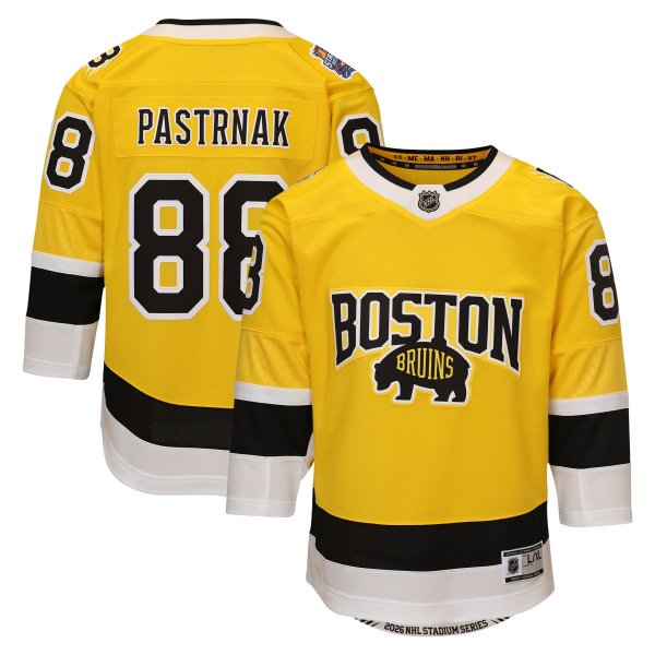 Youth Boston Bruins #88 David Pastrnak Outerstuff Gold 2026 NHL Stadium Series Premier Jersey
