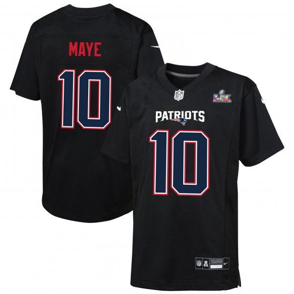 Youth New England Patriots Drake Maye Nike Black Super Bowl LX Patch Carbon Fashion Game Jersey